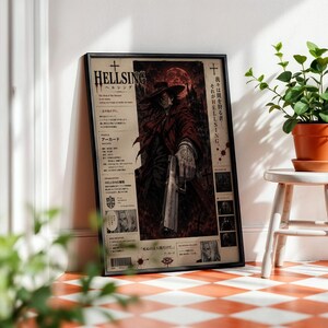 May include: A framed Hellsing poster featuring a central illustration of Alucard in a red coat holding a large handgun against a dark, blood-red moon background. The poster includes Japanese and English text, character profile details, and graphic icons.