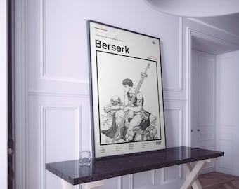 May include: A framed black and white poster featuring artwork from the manga series Berserk. The poster displays a detailed illustration of a character with a large sword, with the title "Berserk" and the year "1997" at the top and bottom.