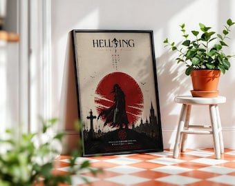 May include: Framed poster featuring the word "HELLSING" above a red sun design with a silhouetted figure. The poster has Japanese text and a graveyard scene with a cross. The frame is black.