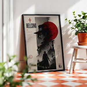 May include: A framed Hellsing poster featuring a dark, stylized illustration of a character in a wide-brimmed hat against a large red sun. The artwork includes gothic castle silhouettes, crosses, and Japanese text, with the title Hellsing printed in black.