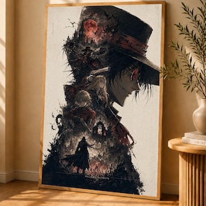May include: A framed vertical poster featuring a dark, detailed illustration of the character Alucard from Hellsing Ultimate. The artwork displays a large profile of a figure in a wide-brimmed hat, red glasses, and multiple gothic scenes.