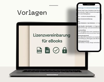 May include: A laptop and smartphone display a document titled "License Agreement for eBooks." The laptop screen shows the document with icons for PDF, Word, a checkmark, and a lock. The smartphone displays the agreement text. The word "Vorlagen" is at the top.