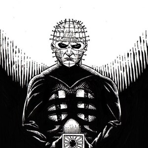 May include: A black and white illustration of a character with a head covered in nails holding a box with a sun symbol. The character is wearing a dark robe with a pattern of squares.