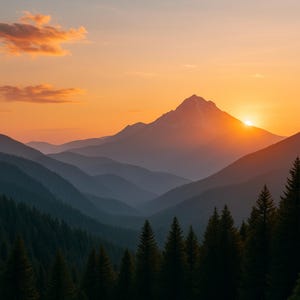 May include: A landscape photograph of a mountain range at sunset. The sky is a gradient of orange and yellow, with the sun setting behind a snow-capped peak. Dark green trees fill the foreground.