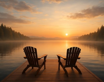 Sunrise Lake Dock Scene portrait| Printable Wall Art | Digital Download | Adirondack Chair Decor | Misty Morning Lake Print | Cabin Wall Ar