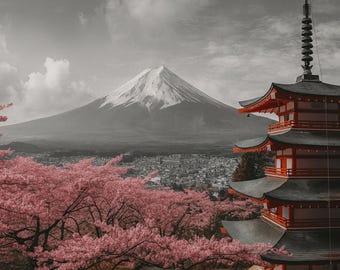 Mount Fuji & Pagoda – Japanese Cherry Blossom Landscape Wall Art