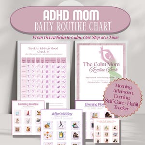Op de afbeelding: Een verzameling afdrukbare dagelijkse routinekaarten en trackers voor ADHD-moeders. De kaarten bevatten secties voor wekelijkse gewoonten, stemmingcontroles en routines voor ochtend, middag en avond. Het kleurenschema is voornamelijk roze en wit.