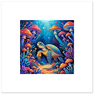 Psychedelic Magic Mushrooms & Sea Turtle Poster - Coral Reef Art Print - Sustainable Decor