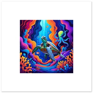 Psychedelic Sea Turtle & Octopus Coral Reef Poster - Ocean Wall Art - Unique Gift