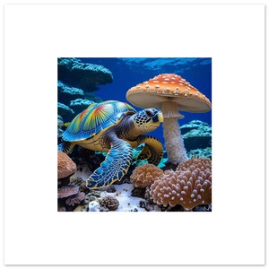 Psychedelic Sea Turtle & Magic Mushroom Poster - Colorful Ocean Reef Art for Home Decor