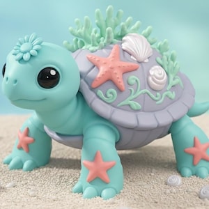 May include: A charming turquoise turtle ornament with a light purple shell decorated with coral, seashells, and starfish. The turtle has a flower on its head and starfish on its feet, creating a delightful, ocean-themed decorative item.