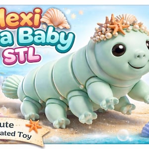 May include: A light teal articulated toy sea creature with the text "Flexi Sea Baby STL" and "Cute Articulated Toy". The toy has a segmented body, small legs, and a head adorned with pearls, starfish, and seashells. The background shows a beach scene with seashells and bubbles.