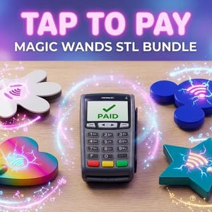 Puede incluir: Imagen de un terminal de pago con la confirmación "PAGADO", rodeado de varitas mágicas caprichosas de varias formas y colores. El texto "TAP TO PAY MAGIC WANDS STL BUNDLE" se muestra en la parte superior.