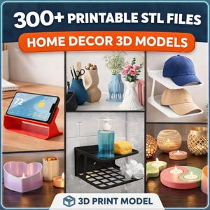 Puede incluir: Imagen que muestra una variedad de artículos de decoración del hogar impresos en 3D. Incluye jarrones, candelabros, un soporte para teléfono y una estantería. El texto dice "300+ Printable STL Files" y "Home Decor 3D Models". La imagen también dice "3D Print Model".