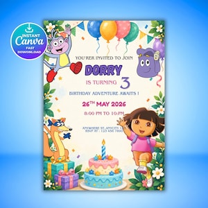 Könnte beinhalten: Eine Geburtstagseinladungskarte mit den Zeichentrickfiguren Dora, Boots und Backpack. Der Text lautet: YOU'RER INVITED TO JOIN DORRY IS TURNING 3 BIRTHDAY ADVENTURE AWAITS! 26TH MAY 2026 8:00 PM TO 10:00 PM ANYWHERE ST. ANYCITY 123 RSVP AT: 123 456 7890.