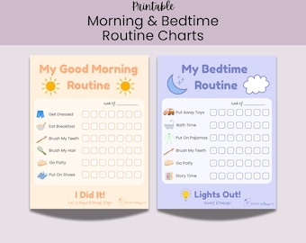 May include: Two printable routine charts featuring a light peach morning chart titled My Good Morning Routine with sun icons and a light purple bedtime chart titled My Bedtime Routine with moon and cloud icons, both including task lists and checkboxes.