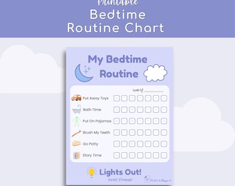 May include: A printable bedtime routine chart on a light purple background with a blue crescent moon and white cloud. The chart lists tasks like Put Away Toys, Bath Time, Put On Pajamas, Brush My Teeth, Go Potty, and Story Time with checkboxes.