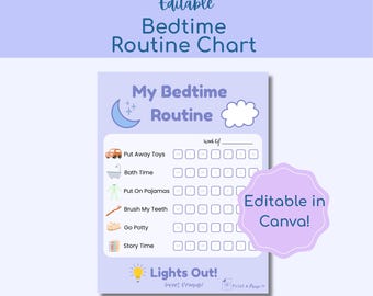 May include: A light purple bedtime routine chart featuring a moon, cloud, and icons for daily tasks including toys, bath, pajamas, teeth, potty, and story time. The text reads My Bedtime Routine, Week Of, Lights Out, Sweet Dreams, and Editable in Canva.