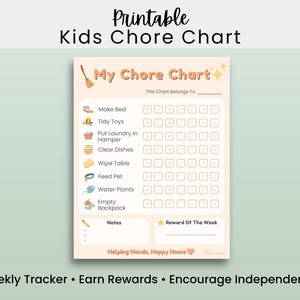 Op de afbeelding: Een afdrukbare takenlijst voor kinderen met de titel "My Chore Chart". De lijst bevat vakken voor taken zoals bedden opmaken en huisdieren voeren, met een sectie voor wekelijkse beloningen. De tekst "Weekly Tracker • Earn Rewards • Encourage Independence" staat onderaan.