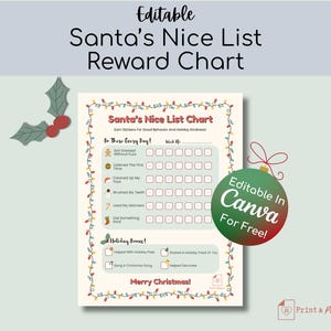 May include: An editable Santa's Nice List Reward Chart featuring a border of colorful Christmas lights, holly leaves, and a green ornament graphic with the text Editable In Canva For Free. The chart includes daily tasks and holiday bonus activities.