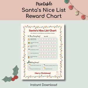 May include: A printable Santa's Nice List Reward Chart featuring a border of colorful Christmas lights. The chart includes sections for daily tasks like getting dressed, brushing teeth, and holiday bonuses, with checkboxes for tracking progress.