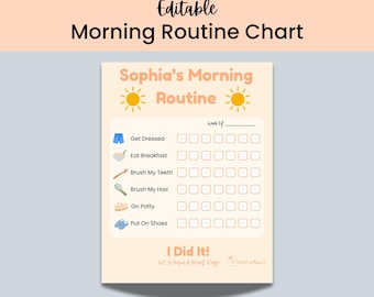 May include: An editable morning routine chart titled Sophia's Morning Routine with sun icons. It lists tasks like Get Dressed, Eat Breakfast, Brush My Teeth, Brush My Hair, Go Potty, and Put On Shoes, each with a row of seven empty checkboxes for the week.
