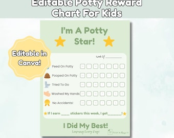 Könnte beinhalten: Eine hellgrüne Belohnungstabelle für das Töpfchentraining für Kinder. Die Tabelle enthält Abschnitte zur Verfolgung von Aktivitäten im Zusammenhang mit dem Töpfchen, mit dem Text "I'm A Potty Star!" und "I Did My Best!" Bearbeitbar in Canva.