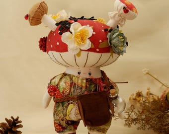 Handmade Mushroom Doll, Whimsical Cloth Art Doll, Fairycore Mushroom Plush, Cottagecore Woodland Decor, Unique Collectible Gift