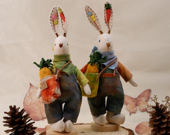Handmade Bunny Doll, Rustic Rabbit Plush Decor, Easter Bunny Figurines, Farmhouse Spring Shelf Decor, Fabric Rabbit  Gift