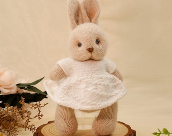 Handmade Knitted Bunny Doll, Crochet Rabbit Plush Toy, Soft Stuffed Animal in White Dress, Nursery Decor, Baby Shower Gift, Easter Present