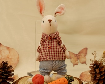 Handmade Bunny Doll with Backpack, Cloth Rabbit Plush Toy, Woodland Bunny Decor, Stuffed Animal Gift, Nursery Decor, Cottagecore Bunny