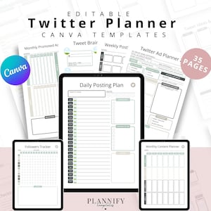 Editable Twitter Planner | 35-Page Canva Social Media Planner | Content Calendar | Tweet Organizer | Re-brand and Resell