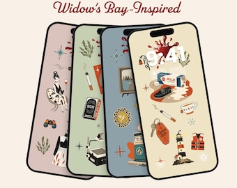 May include: Four smartphone screens displaying digital wallpapers with the text Haunted Inn Widow's Bay-Inspired and RETRO PHONE WALLPAPERS. The designs feature illustrations of a lighthouse, milk carton, cigarette, key tag, and various retro icons.