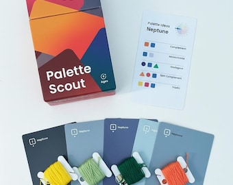 May include: A Zollie Palette Scout box with a colorful geometric design, a white instruction card titled Palette Ideas Neptune, and four rectangular cards in shades of blue, each featuring a wound spool of yellow, light green, dark green, or orange thread.