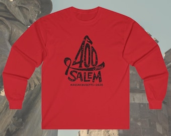 May include: A red long-sleeve shirt featuring a black graphic design with the text 400 years SALEM MASSACHUSETTS 1626. The design includes a stylized hat shape integrated with the number 400 and a distressed, textured appearance.