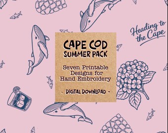 May include: A digital download pack featuring seven printable hand embroidery designs on a light pink background with dark blue illustrations of whales, hydrangeas, cocktails, and hearts, with text reading CAPE COD SUMMER PACK.