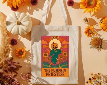 Pumpkin Priestess Tote Bag: Witchy Halloween Accessory, Tarot Card Lovers Gift, Fall Fashion