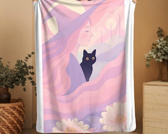 Whimsical Cat & Witch Plush Blanket: Velveteen Throw, Witchy Decor