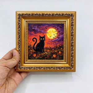 Halloween Black Cat Pumpkin Moon Oil Painting, custom oil painting from photo, gift for friend, Size 4"×4" Christmas gift