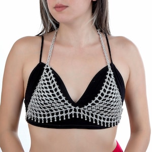 Mystic Chain Top – Silver Body Chain Bra, Statement Festival Jewelry, Adjustable Zamac Chain Halter Top