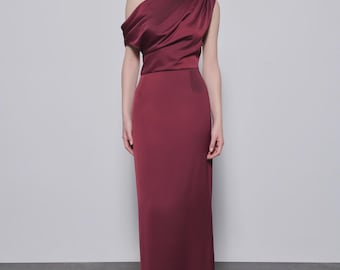 burgundy one shoulder draped midi dress Women's Burgundy Draped one-shoulder dress