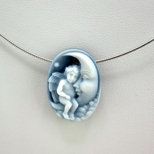 Achat Cameo Anhänger Engel Kind auf Mond Selten / 925 Sterling Silber Seil Kette Halskette
