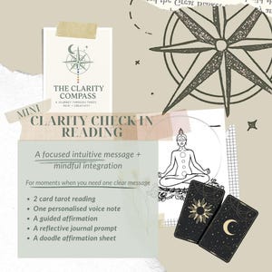 May include: An image promoting a tarot reading service called "The Clarity Compass." The design includes a compass rose, a seated figure, and two tarot cards with sun and moon symbols. The text describes the service as a "Clarity Check In Reading" for intuitive messages.
