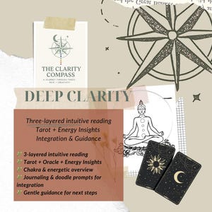 May include: A beige collage with the text "THE CLARITY COMPASS" and "DEEP CLARITY". It includes a compass illustration, a seated figure, and two tarot cards. The text describes a three-layered intuitive reading with tarot, energy insights, and guidance.