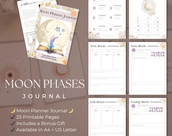 Pode incluir: Um diário digital das fases da lua com um design floral. O diário inclui 25 páginas para impressão, um presente bónus e está disponível nos tamanhos A4 e US Letter. A capa apresenta uma lua, estrelas e um livro aberto.