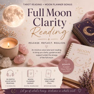 Könnte beinhalten: Werbung für eine Vollmond-Klarheitslesung. Das Bild zeigt eine Vollmond-Illustration, eine brennende Kerze, Kristalle, ein Tarotdeck und einen Mondplaner. Der Text enthält "Release. Reflect. Realign." und "Lass los, was schwer ist. Willkommen in dem, was als Nächstes kommt."
