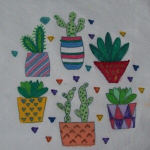May include: Six hand-painted succulent plants in colourful pots on a white background. The succulents are green and the pots are decorated with stripes, dots and geometric patterns.
