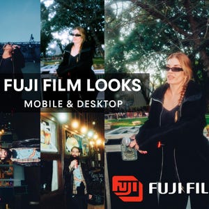 Puede incluir: Imagen promocional de Fuji Film con varias fotos de estética vintage. Se muestra el texto "FUJI FILM LOOKS" y "MOBILE & DESKTOP". El logotipo de Fuji Film es visible en la esquina inferior derecha.