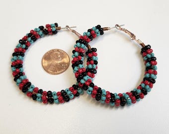 Turquoise, Red, Black glass seed bead hand wrapped hoop earrings