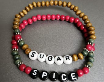 Sugar & Spice stretch bracelet set with red, green wood handmade in Oklahoma